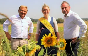 3 Menschen stehen in einem Sonnenblumenfeld